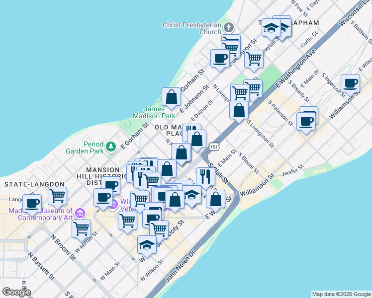 map of restaurants, bars, coffee shops, grocery stores, and more near 515 East Mifflin Street in Madison