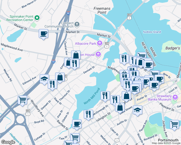 map of restaurants, bars, coffee shops, grocery stores, and more near 102 Dennett Street in Portsmouth