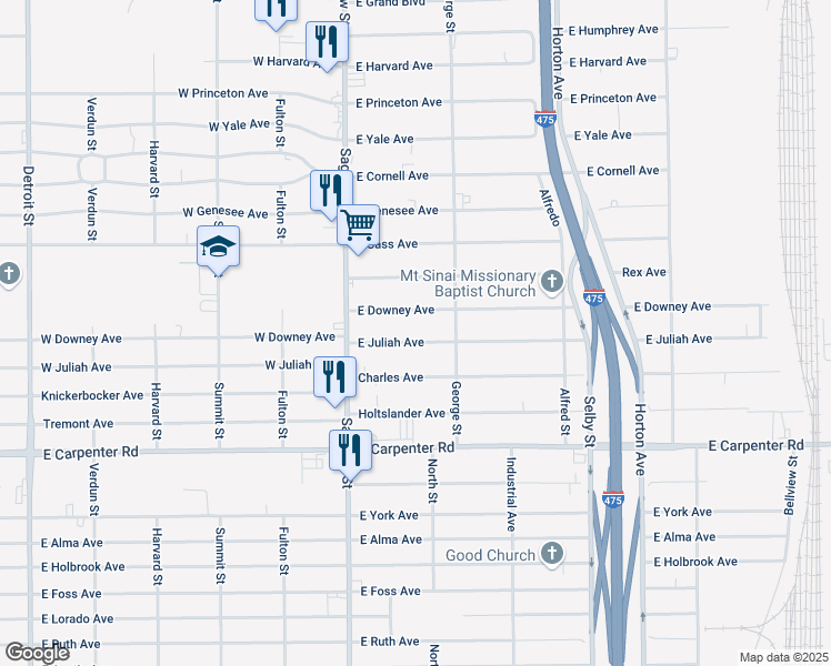 map of restaurants, bars, coffee shops, grocery stores, and more near 1090 East Juliah Avenue in Flint