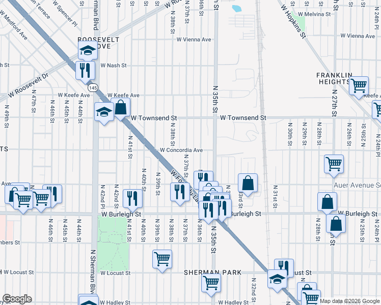 map of restaurants, bars, coffee shops, grocery stores, and more near 3245 North 37th Street in Milwaukee
