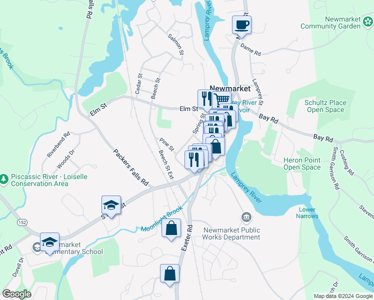map of restaurants, bars, coffee shops, grocery stores, and more near 7 Church Street in Newmarket