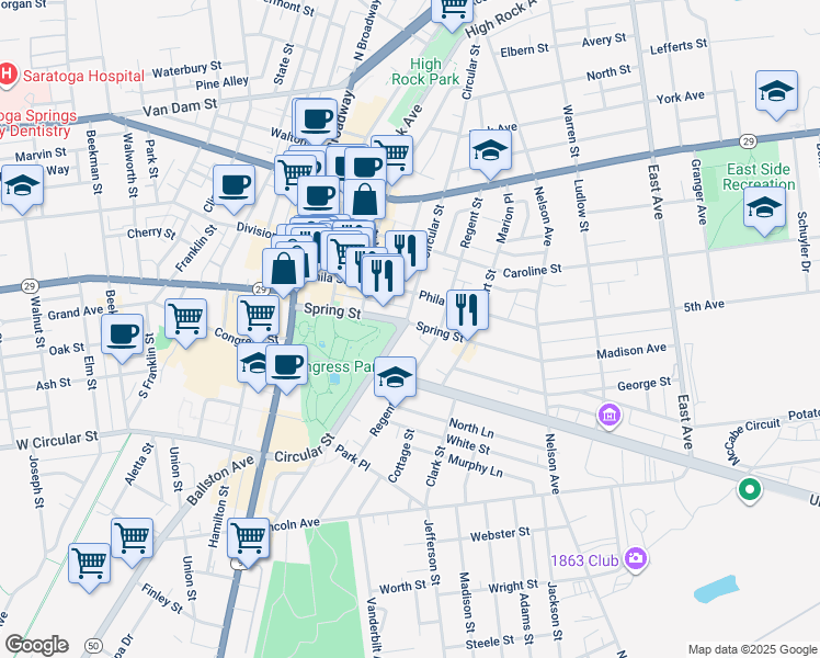 map of restaurants, bars, coffee shops, grocery stores, and more near 82 Spring Street in Saratoga Springs