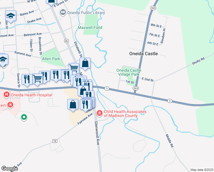 map of restaurants, bars, coffee shops, grocery stores, and more near 101 Genesee Street in Oneida