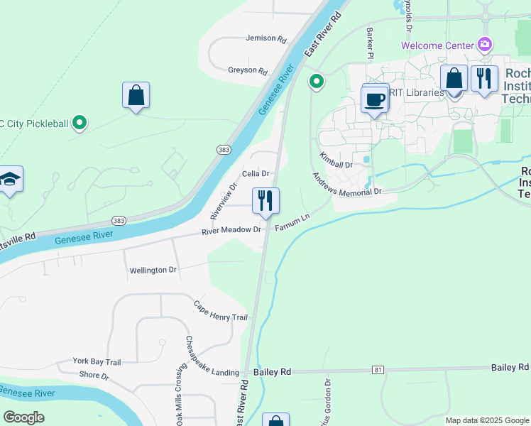 map of restaurants, bars, coffee shops, grocery stores, and more near 3289 East River Road in Rochester