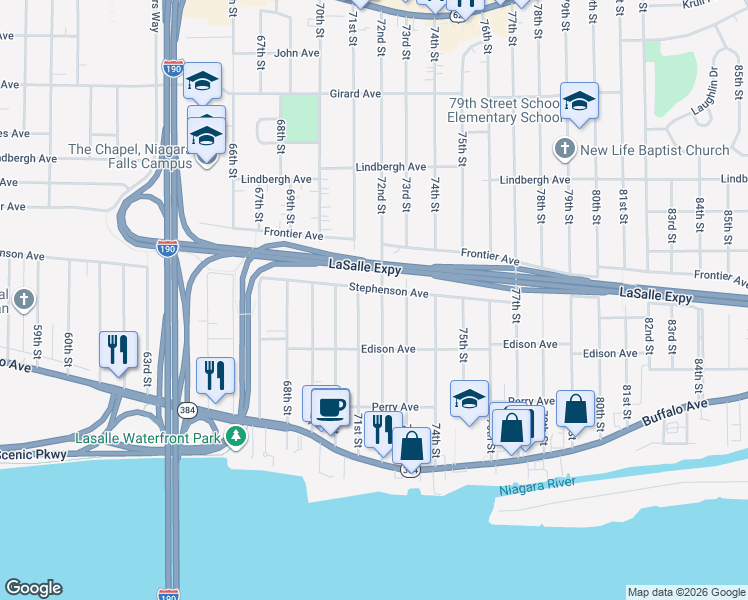 map of restaurants, bars, coffee shops, grocery stores, and more near 339 71st Street in Niagara Falls