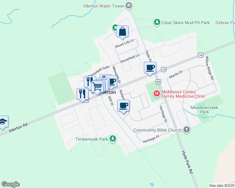 map of restaurants, bars, coffee shops, grocery stores, and more near 2 Kennedy Court in Ilderton