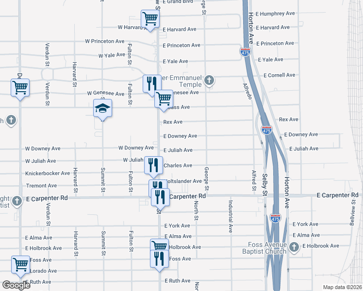 map of restaurants, bars, coffee shops, grocery stores, and more near 1056 East Juliah Avenue in Flint