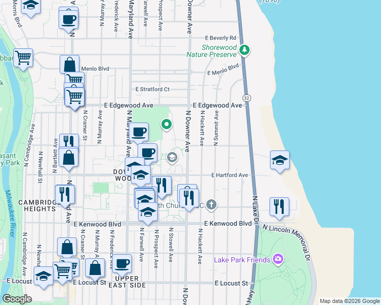 map of restaurants, bars, coffee shops, grocery stores, and more near 3340 North Downer Avenue in Milwaukee