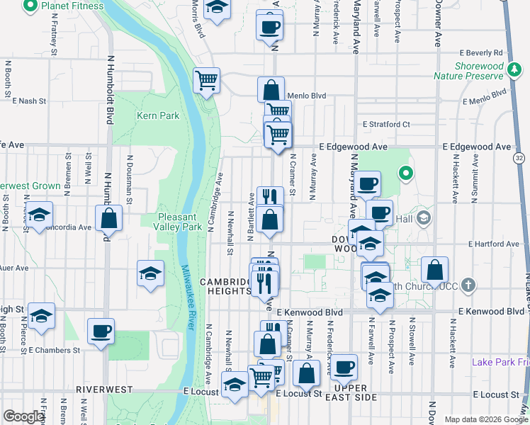 map of restaurants, bars, coffee shops, grocery stores, and more near 3335 North Oakland Avenue in Milwaukee