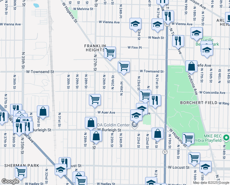 map of restaurants, bars, coffee shops, grocery stores, and more near 3269A North 25th Street in Milwaukee