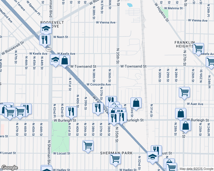 map of restaurants, bars, coffee shops, grocery stores, and more near 3267 North 36th Street in Milwaukee