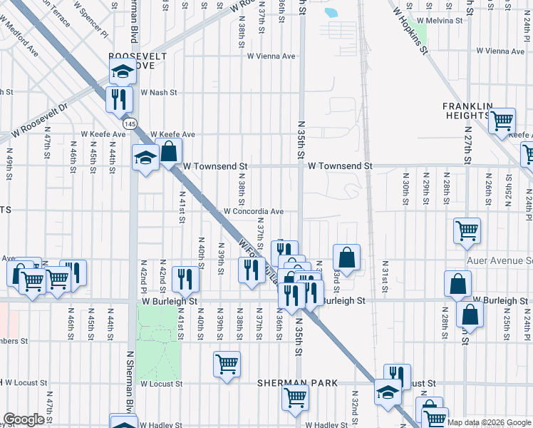 map of restaurants, bars, coffee shops, grocery stores, and more near 3245 North 37th Street in Milwaukee