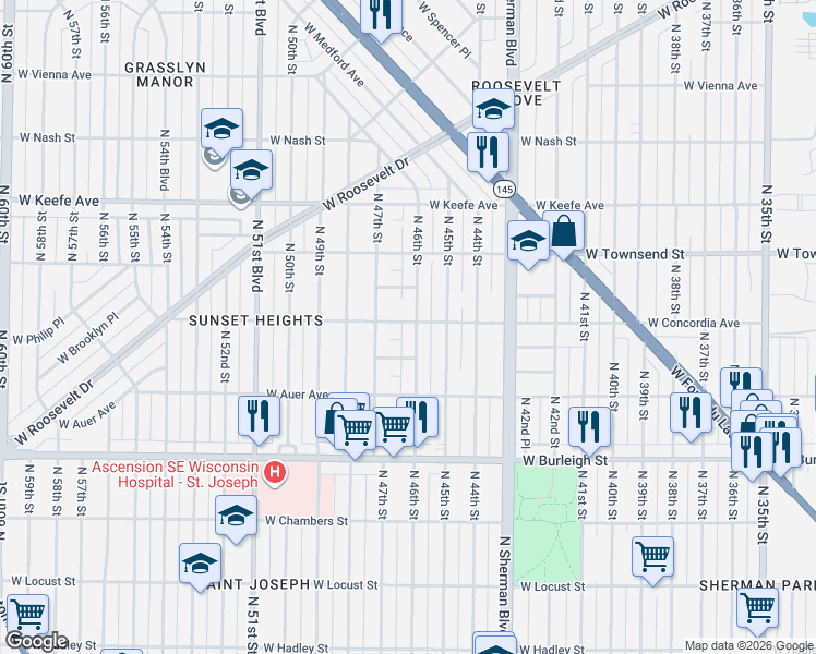 map of restaurants, bars, coffee shops, grocery stores, and more near 4632 West Hale Place in Milwaukee