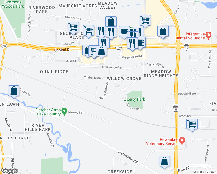 map of restaurants, bars, coffee shops, grocery stores, and more near 1315 Meadowcreek Drive in Pewaukee