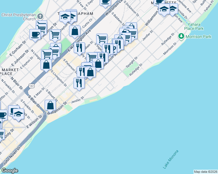 map of restaurants, bars, coffee shops, grocery stores, and more near 921 Spaight Street in Madison