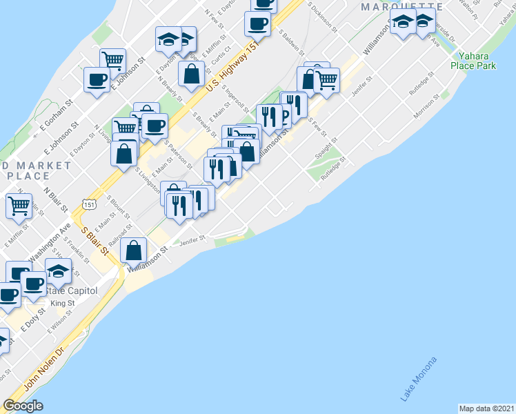 map of restaurants, bars, coffee shops, grocery stores, and more near 921 Spaight Street in Madison