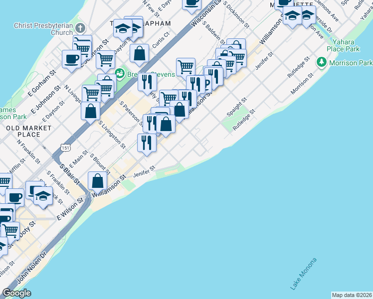 map of restaurants, bars, coffee shops, grocery stores, and more near 921 Spaight Street in Madison