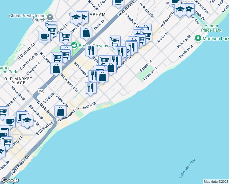 map of restaurants, bars, coffee shops, grocery stores, and more near 921 Spaight Street in Madison