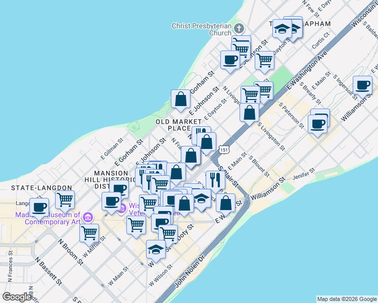 map of restaurants, bars, coffee shops, grocery stores, and more near 20 North Franklin Street in Madison