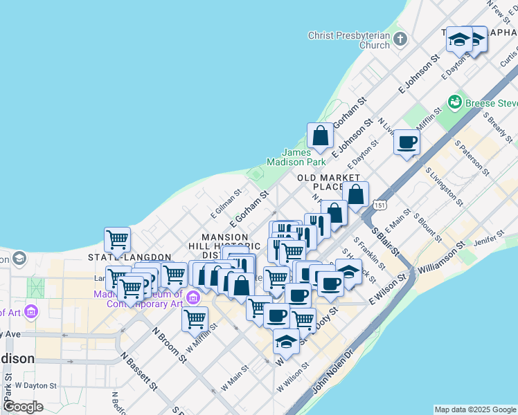 map of restaurants, bars, coffee shops, grocery stores, and more near 134 East Johnson Street in Madison
