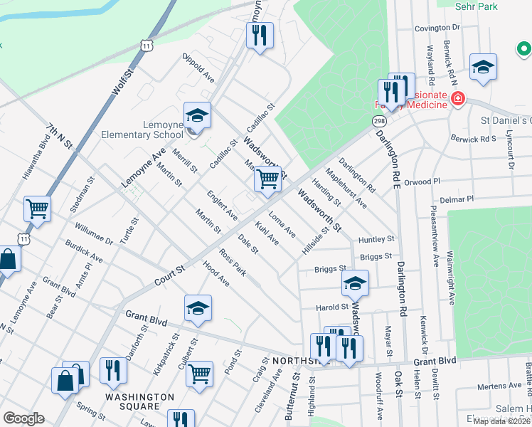 map of restaurants, bars, coffee shops, grocery stores, and more near 1620 Court Street in Syracuse