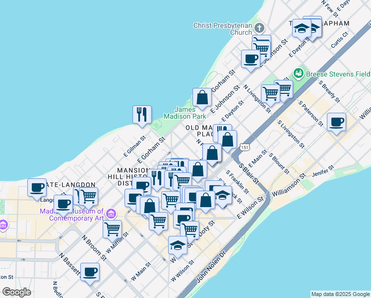 map of restaurants, bars, coffee shops, grocery stores, and more near 138 North Hancock Street in Madison