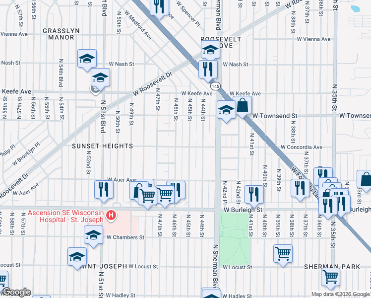 map of restaurants, bars, coffee shops, grocery stores, and more near 3270 North 46th Street in Milwaukee