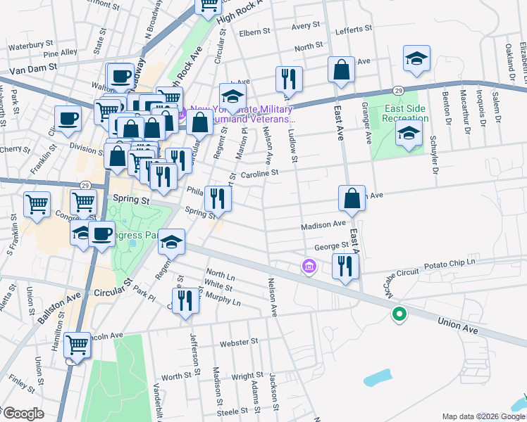 map of restaurants, bars, coffee shops, grocery stores, and more near Nelson Avenue & Phila Street in Saratoga Springs