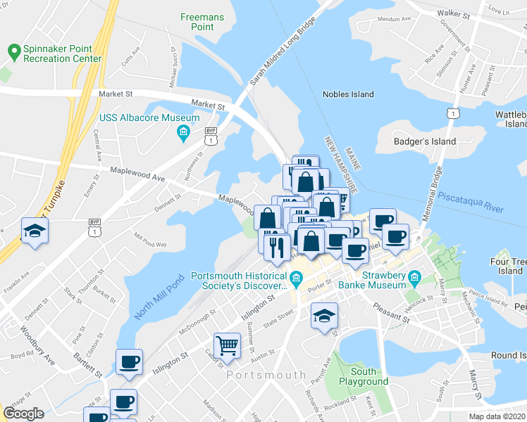 map of restaurants, bars, coffee shops, grocery stores, and more near in Portsmouth