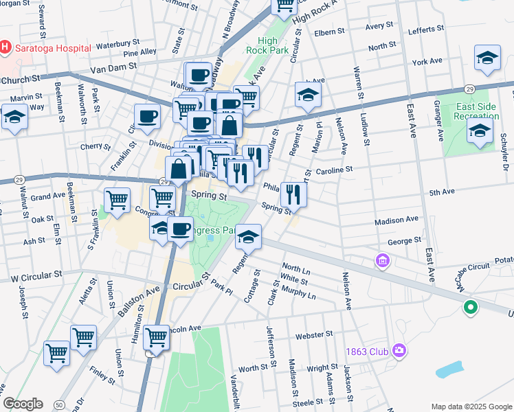 map of restaurants, bars, coffee shops, grocery stores, and more near 82 Spring Street in Saratoga Springs