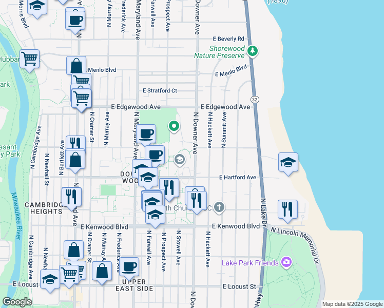 map of restaurants, bars, coffee shops, grocery stores, and more near 3367 North Downer Avenue in Milwaukee