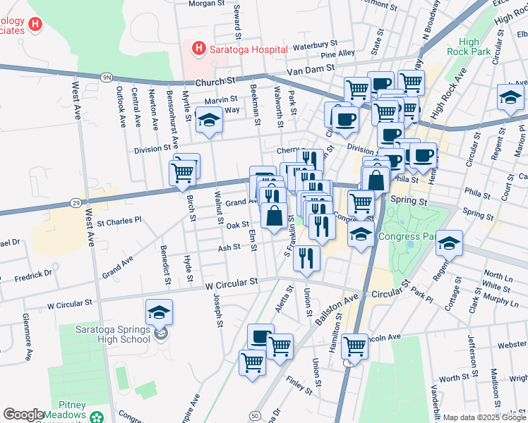 map of restaurants, bars, coffee shops, grocery stores, and more near 79 Beekman Street in Saratoga Springs