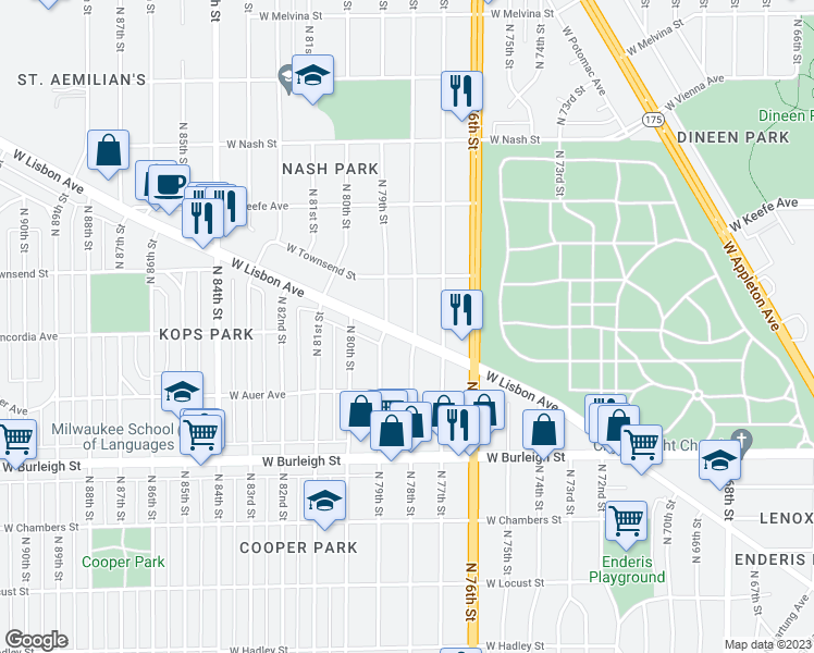 map of restaurants, bars, coffee shops, grocery stores, and more near 7800 West Lisbon Avenue in Milwaukee