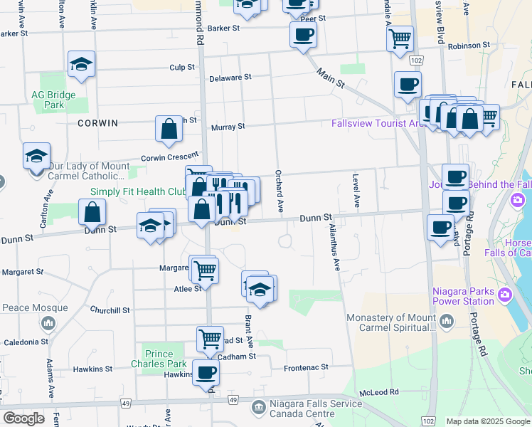map of restaurants, bars, coffee shops, grocery stores, and more near 6045 Dunn Street in Niagara Falls
