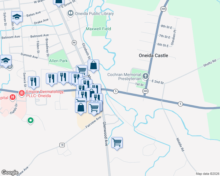 map of restaurants, bars, coffee shops, grocery stores, and more near 105 Genesee Street in Oneida