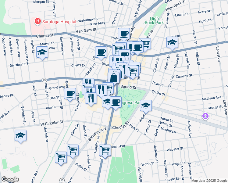 map of restaurants, bars, coffee shops, grocery stores, and more near 315 Broadway in Saratoga Springs