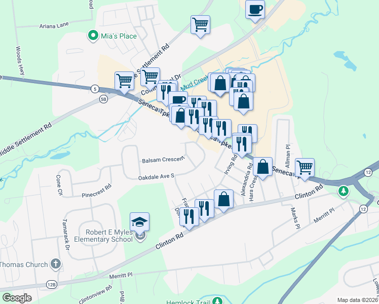 map of restaurants, bars, coffee shops, grocery stores, and more near 13 Elmhurst Drive in New Hartford