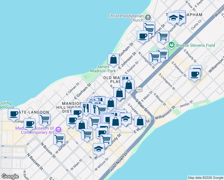 map of restaurants, bars, coffee shops, grocery stores, and more near 112 North Hancock Street in Madison