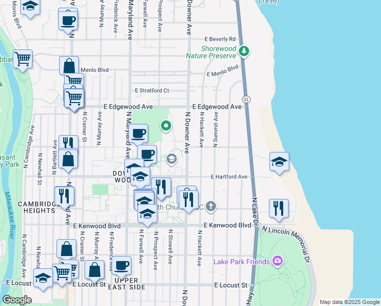 map of restaurants, bars, coffee shops, grocery stores, and more near 3340 North Downer Avenue in Milwaukee