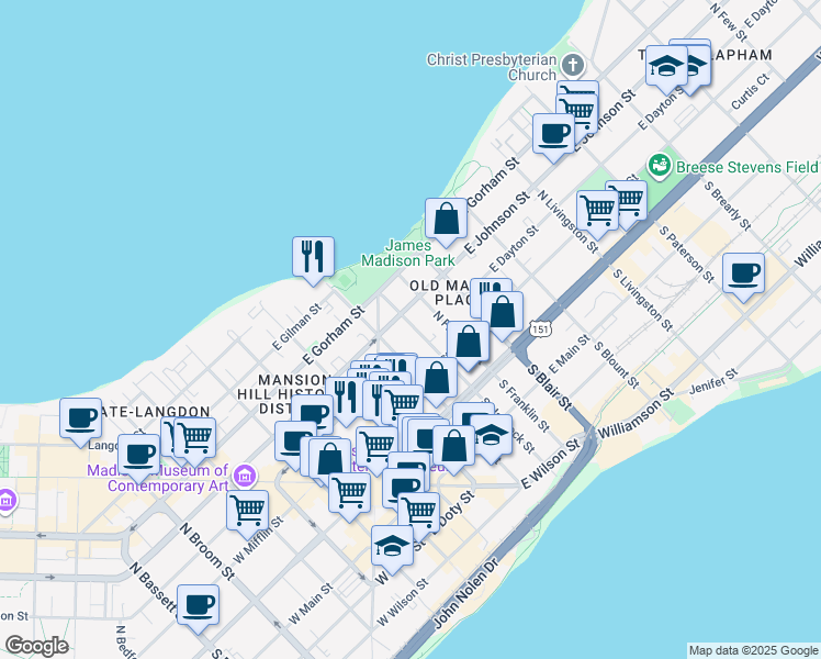 map of restaurants, bars, coffee shops, grocery stores, and more near 140 North Hancock Street in Madison