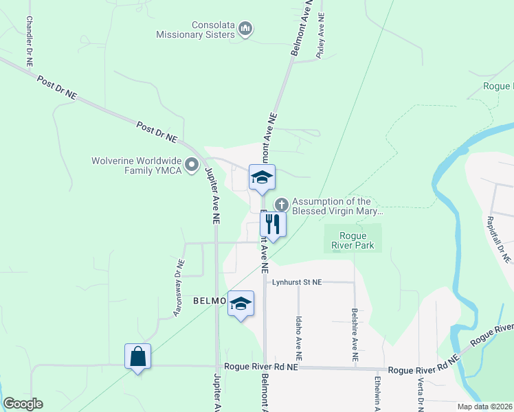 map of restaurants, bars, coffee shops, grocery stores, and more near 6393 Belmont Avenue Northeast in Plainfield charter Township