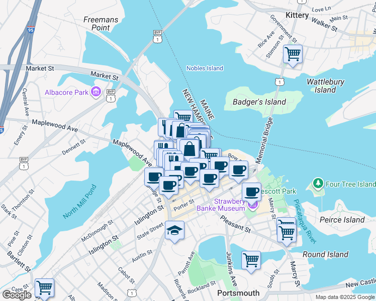 map of restaurants, bars, coffee shops, grocery stores, and more near 28 Deer Street in Portsmouth