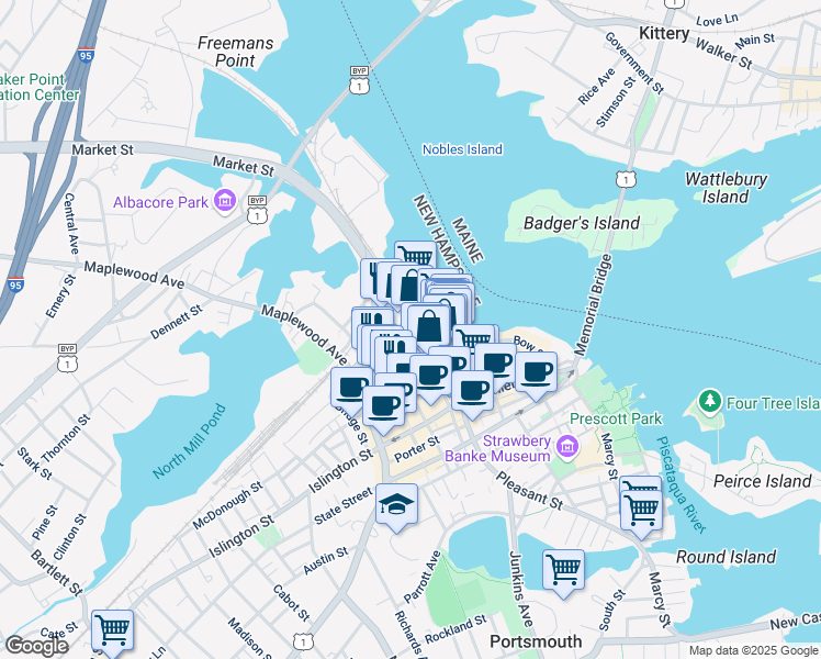 map of restaurants, bars, coffee shops, grocery stores, and more near 28 Deer Street in Portsmouth