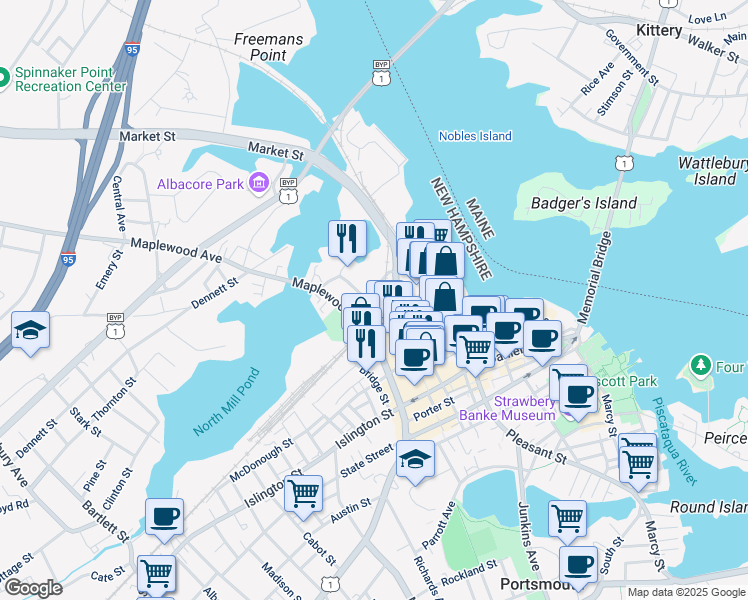 map of restaurants, bars, coffee shops, grocery stores, and more near in Portsmouth
