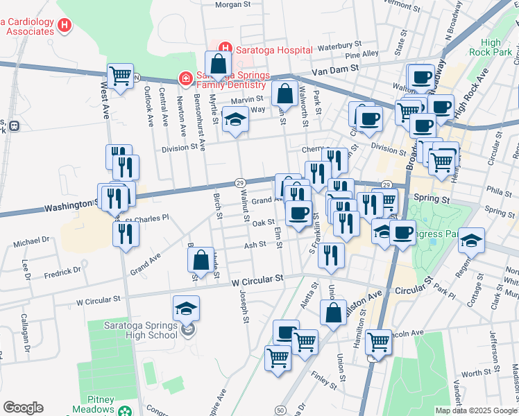 map of restaurants, bars, coffee shops, grocery stores, and more near 74 Walnut Street in Saratoga Springs