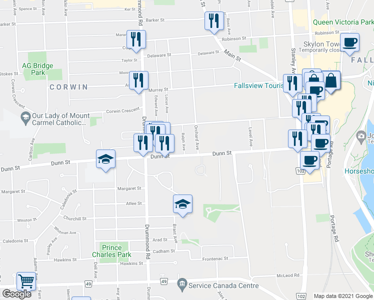 map of restaurants, bars, coffee shops, grocery stores, and more near in Niagara Falls