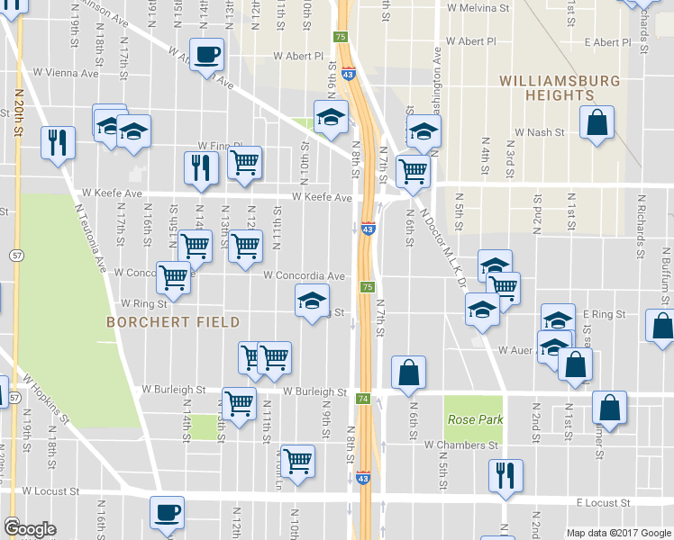 map of restaurants, bars, coffee shops, grocery stores, and more near 3282 North 9th Street in Milwaukee