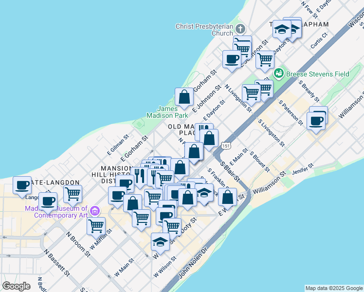 map of restaurants, bars, coffee shops, grocery stores, and more near 112 North Hancock Street in Madison