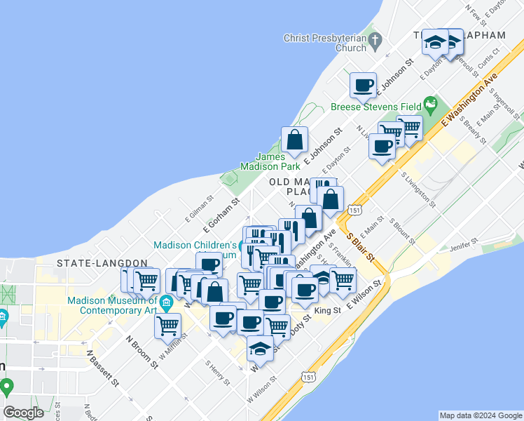 map of restaurants, bars, coffee shops, grocery stores, and more near in Madison