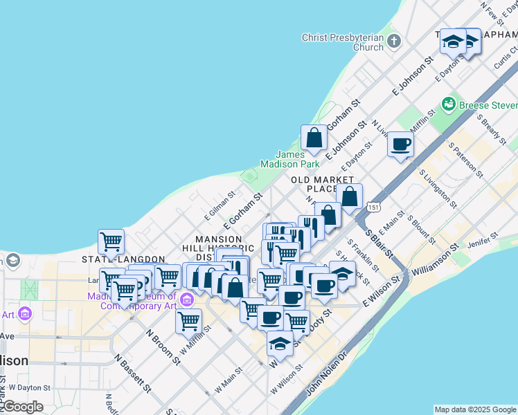 map of restaurants, bars, coffee shops, grocery stores, and more near 134 East Johnson Street in Madison